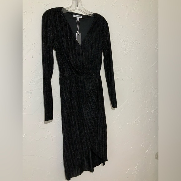 Steve Madden Elegant Crinkle Metallic Long Sleeve Black Dress Sz XS - Picture 6 of 13